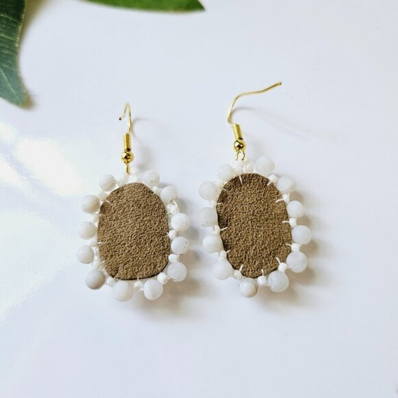 2/$27 | White Stone Shield Beaded Indigenous Hoop Earrings | Handmade - Picture 5 of 6